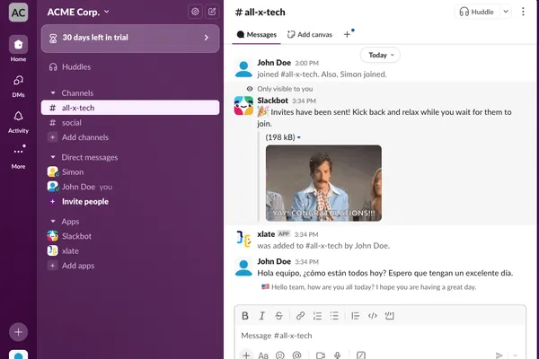 X-late working in a Slack channel showing automatic translation